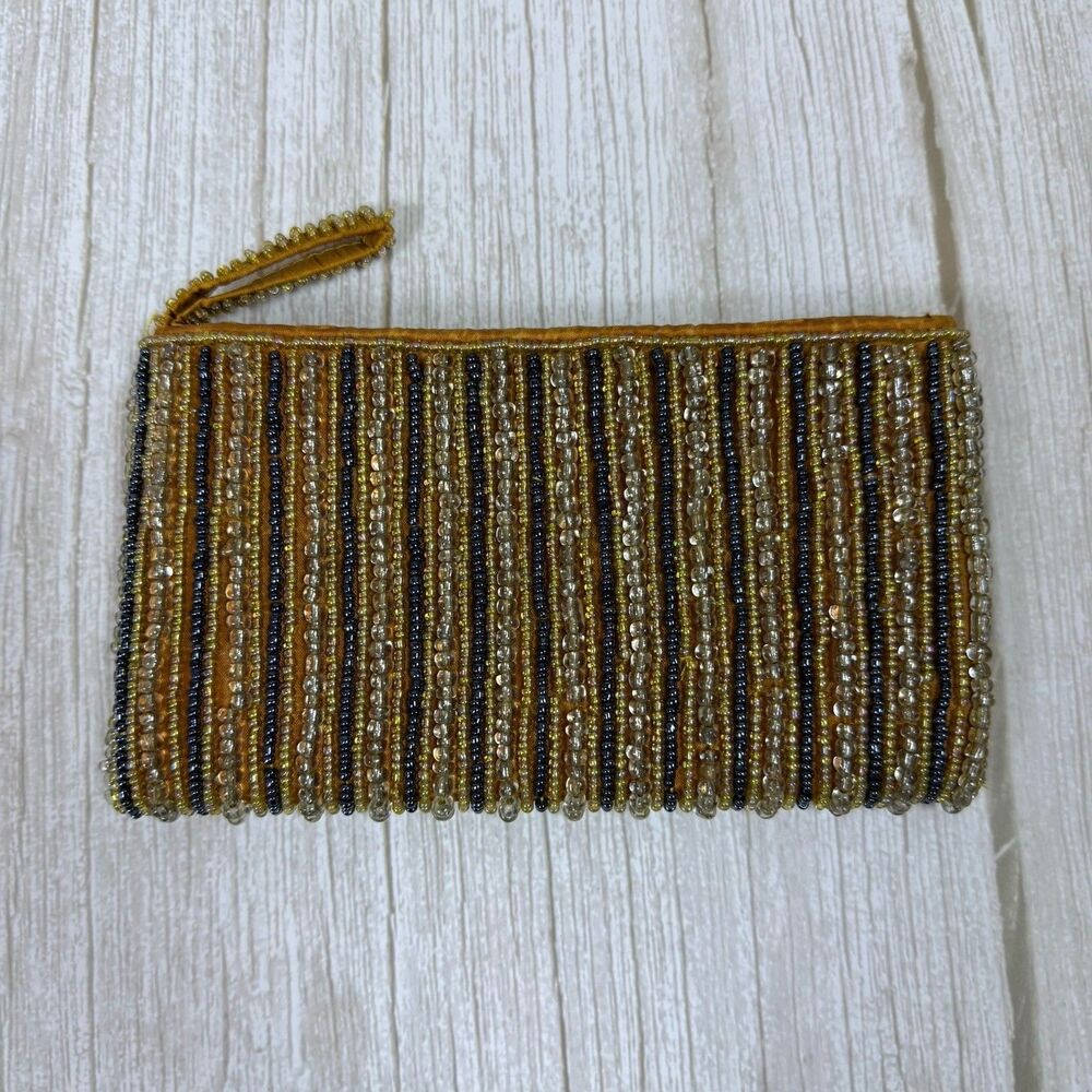 Handmade Beaded Zip Clutch Purse Wristlet Strap Gold Brown Stripped Bag